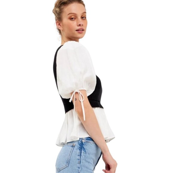 English Factory Mixed Media Puff Sleeve Knit Peplum Top – Size L - Picture 3 of 4